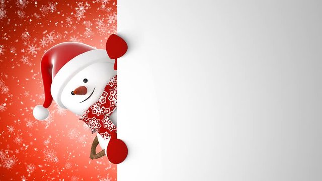 Beautiful Happy Snowman in Santa Hat Greeting with Hand and Smiling at Snowfall. 3d Cartoon Animation Green Screen Alpha Channel. Animated Greeting Card. New Year Concept. 4k Ultra HD 3840x2160