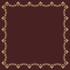 Classic vector square golden frame with arabesques and orient elements. Abstract ornament with place for text. Vintage pattern