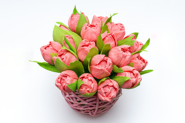 Bouquet of Tulips in braided Vase Isolated on White - Handcrafted, Handmade