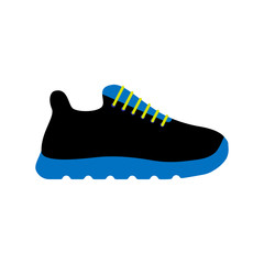 Vector illustration icon of sport running shoes for men (sneakers). Black and blue colors, yellow shoelaces. White background