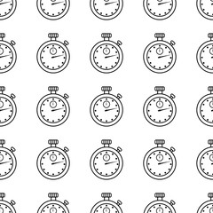 Vector illustration seamless pattern with flat stopwatches. Black outline, white background.