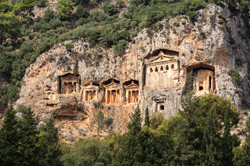 Ancient lycian Myra rock tomb ruins in Demre, Antalya.