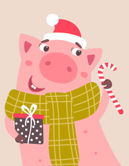 Vector cartoon pig with gift box and candy in hands.