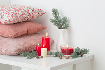 Christmas decoration with candles on white background