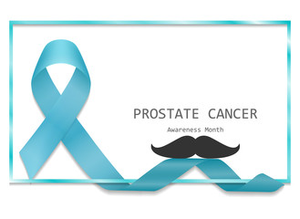 Blue ribbon with border and mustache vector, isolated on white background. Prostate cancer awareness