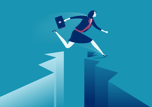 Businesswoman jumping over gap. Concept business vector illustration