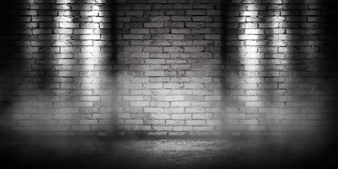 Background of empty brick wall, concrete floor, neon light, searchlight rays, smoke, smog
