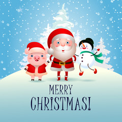 Merry Christmas with cute characters. Creative lettering with cartoon characters of Santa Claus, snowman and pig with snowy white trees. Can be used for postcards, banners
