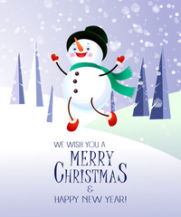 Wishing Merry Christmas and Happy New Year snowman in hat banner design. Creative calligraphy with snowman in hat. Snowy trees on background. Can be used for posters, banners, greetings