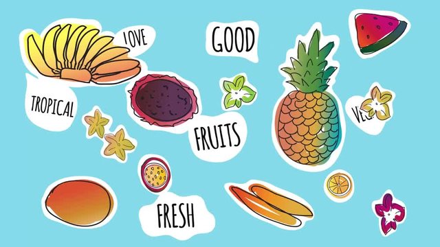 Funny and cute tropical fruit characters stickers in motion.  Tropical summer fruits animation on color background. Retro stylish texture of summer fruits. Retro design. stock footage