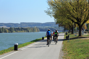 Obraz premium Group of people riding bicycles along the Danube river on the famous cycling route Donauradweg. Town of Ybbs an der Donau, Lower Austria, Europe.