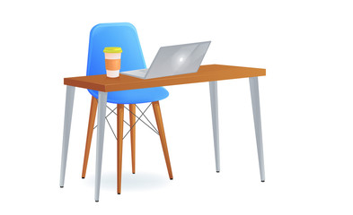 Office chair with table and laptop and   take away coffee. Modern furniture for workplace