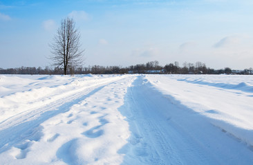 Fototapeta na wymiar road is in winter forest