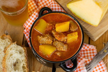 Beef stew with pumpkin in beer tomato gravy