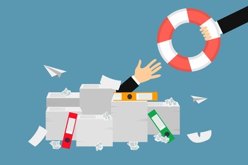hand sticking out of a pile of papers another hand is stretching a lifebuoy
