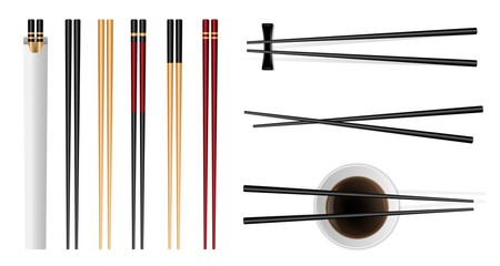 Creative vector illustration of sushi food chopsticks set with soy sauce isolated on transparent background. Art design traditional asian bamboo utensils template. Abstract concept graphic element