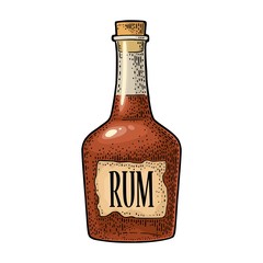 Bottle rum with craft label. Vintage vector black engraving illustration. - obrazy, fototapety, plakaty