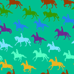 Colored outlines of horseman's which riding and jumping.