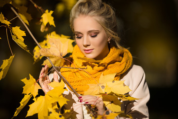 Naklejka na ściany i meble Pretty blonde girl in yellow autumn leaves