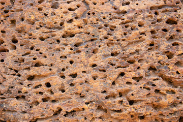 Grunge sand stone texture. Porous yellow stone closeup. Weathered grungy surface photo background.