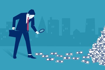 Illustration of a businessman looking at banknotes through magnifying glass.