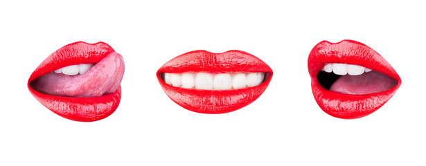 Red lip, set mouth. Sexy lips, lip care and beauty. Beauty sensual lips. Woman lips. Lipstick or...