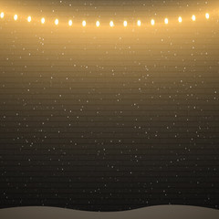 Black brick wall background with christmas lights and snowfall. Vector illustration