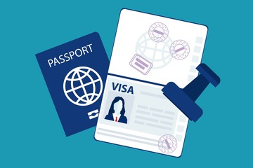 Passport with biometric data and visa stamps on it isolated on blue