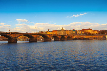 Fototapeta na wymiar Prague city, embankment along the Vltava, reflected in the water