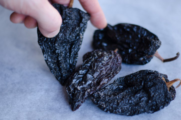 Dried peppers on a table
