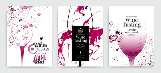 Collection of templates with wine designs. Brochures, posters, invitation cards, promotion banners, menus. Background effect wine drops. - obrazy, fototapety, plakaty
