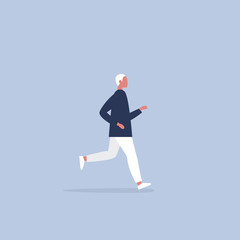 Fototapeta na wymiar Caucasian young running man wearing a hoodie. Lifestyle. Flat editable vector illustration, clip art