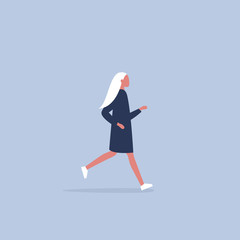 Fototapeta na wymiar Young blonde running woman wearing dress. Lifestyle. Flat editable vector illustration, clip art