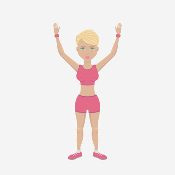 Blond girl with short hair with her hands raised engaged in fitness. Vector illustration.