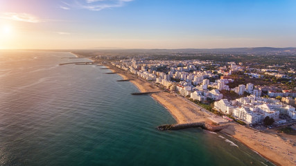 Aerial. Landscape from the sky of the beaches of the Algarve Quarteira Vilamoura.