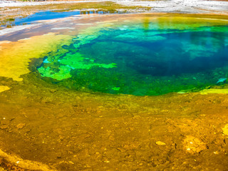Closeup of Morning Glory Pool, a hot spring in the Upper Geyser Basin in Yellowstone National Park, Wyoming and Montana, United States.
