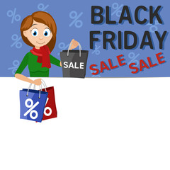 The girl looks out from behind a white sheet. Black Friday banner.