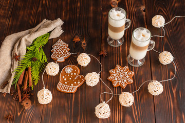 Christmas homemade gingerbread cookies on wooden table