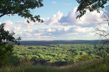 Scenic view of the valley covered with forests under a cloudy sky. Wildlife nature landscape