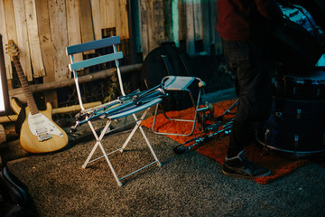 Musician is packing his instruments after a gig at a music festival