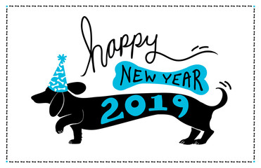 Happy New Year 2019 background design with cute fun dachshund doxie dog wearing blue party hat with bone pattern and 2019 typography on the puppy vector silhouette