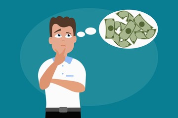 Vector of man thinking on money gain