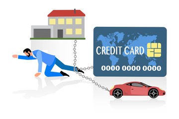 Flat style of man chained to debts payment