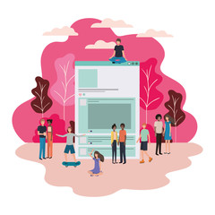 social network profile with groups of people walking avatar character