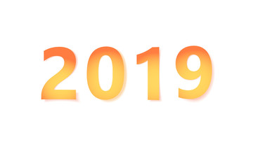 yellow paper cut with soft shadows number 2019 on white background.vector origami