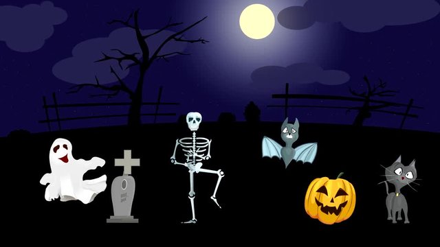 dancing company evil spirits on Halloween, on the background of the moon.animated video.