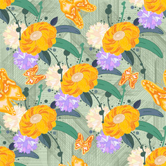 Embroidery colorful simplified  pattern of butterflies, flowers and leaves.  Vector    elements   for design. seamless  ornament 