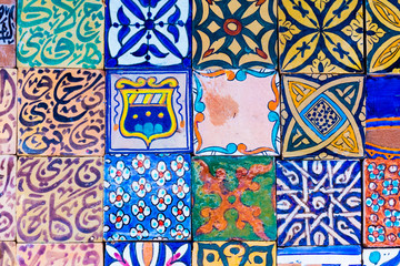 Beautiful handmade tiles of the blue media in Chefchaouen in Morocco