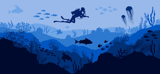 Coral reef and Underwater wildlife Diver on blue sea background - obrazy, fototapety, plakaty