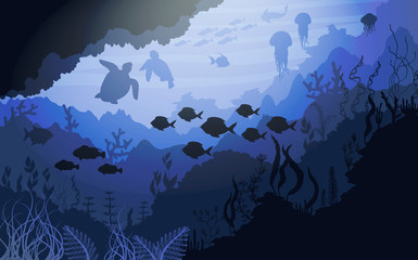 Coral reef and Underwater wildlife on blue sea background © mirifadapt